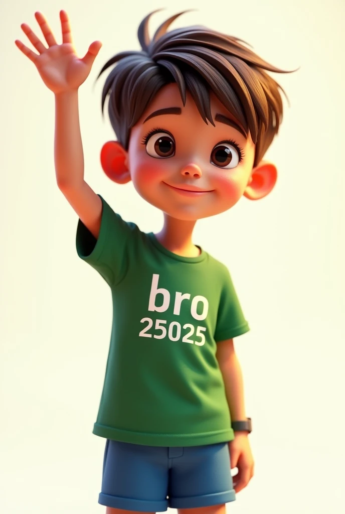 a character waving his right hand, giving a hyper-realistic goodbye, 1 boy, small detailed black eyes, beautiful big lips, extremely detailed face, large and conical chin, brown hair, green t-shirt with the name BRO and below the name BRO the number 25025 printed, blue pants, knee-high socks, football player style, intricate details, volumetric lighting, dramatic chiaroscuro, cinematic lighting, award-winning digital art, masterpiece, high quality, 8k, photorealistic, studio lighting, physically based rendering, vibrant colors, warm color palette, pixar style, Disney. white background, maintain the characteristics of the seed character
2134937326