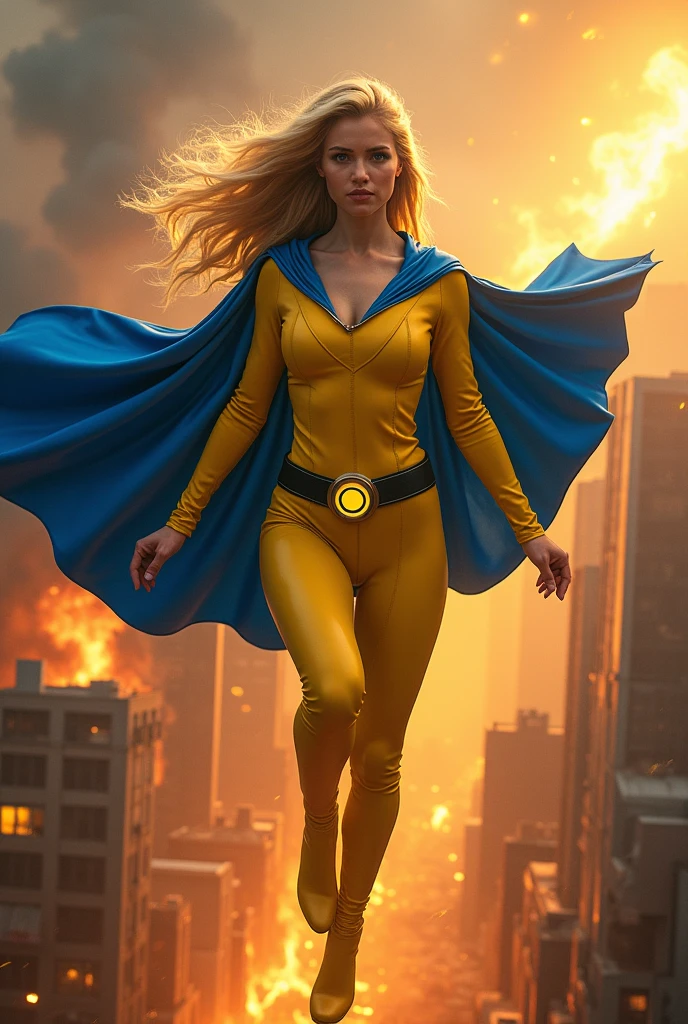 A beautiful blonde haired woman wearing a yellow leather suit and a blue cape flying over the burning city. This beautiful woman wears a wide belt which has a round black plate with a yellow flourescent S as an emblem. Yellow magic around it. 
