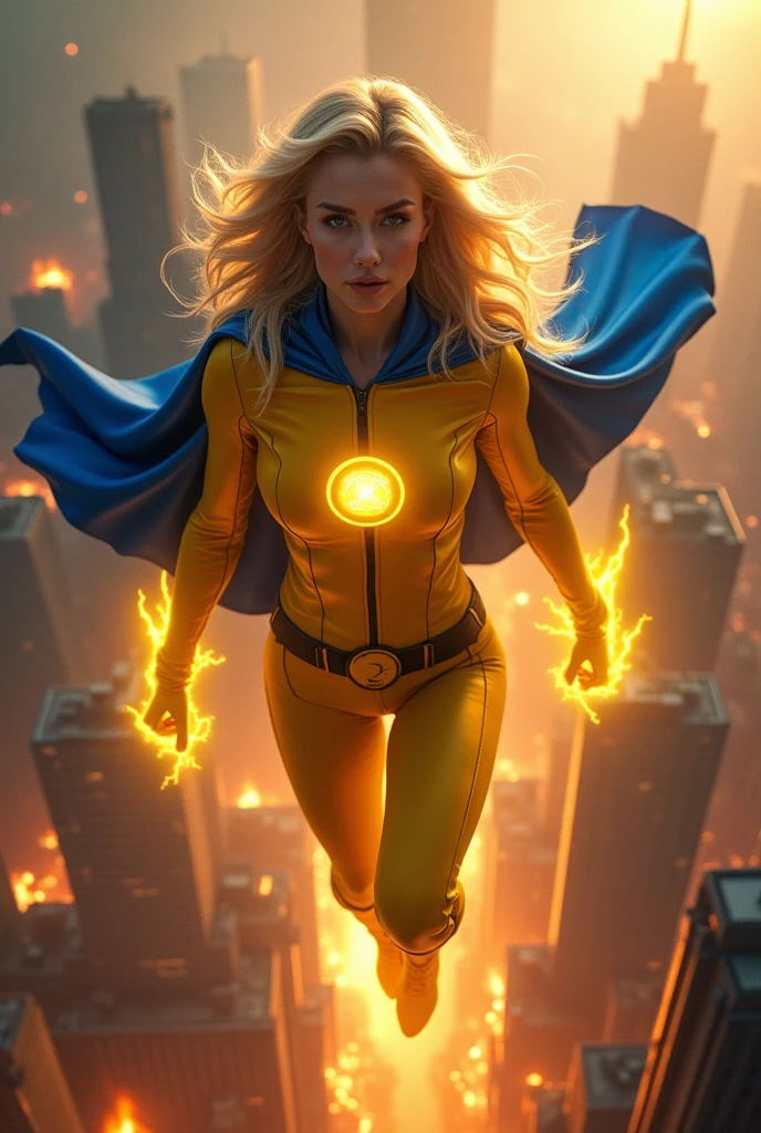A beautiful blonde haired woman wearing a yellow leather suit and a blue cape flying over the burning city. This beautiful woman wears a wide belt which has a round black plate with a yellow flourescent S as an emblem. Yellow magic around it.