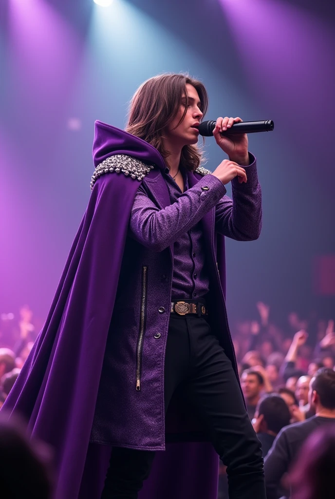 artwork best quality handsome american male teenager long brown hair fair skin with shiny cape coat and purple hood on head with silver details purple long sleeve shirt and black pants underneath intricate details singing holding a microphone seen from afar pointing at the audience at a concert with details uhq 8k