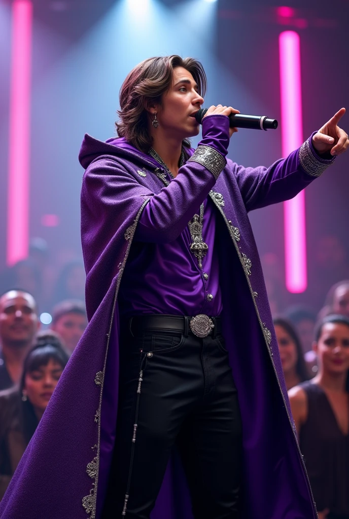 artwork best quality handsome american male teenager long brown hair fair skin with shiny cape coat and purple hood on head with silver details purple long sleeve shirt and black pants underneath intricate details singing holding a microphone seen from afar pointing at the audience at a concert with details uhq 8k
