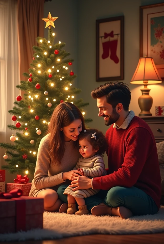 Family of three spending Christmas together with Christmas tree in the corner