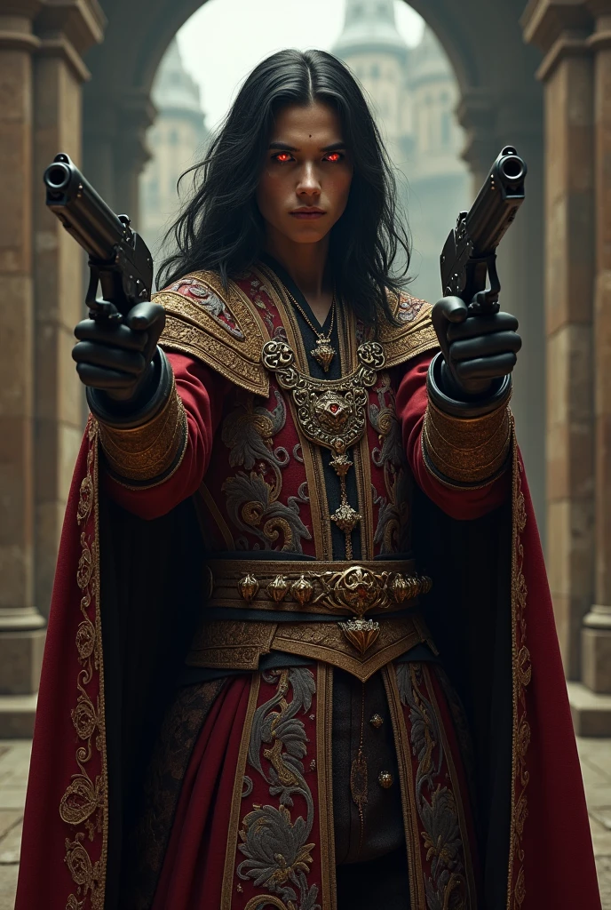 A boy in medieval noble clothes , long black hair , eyes red like blood , jewelry , between 30 and 40 years of age , two pistols