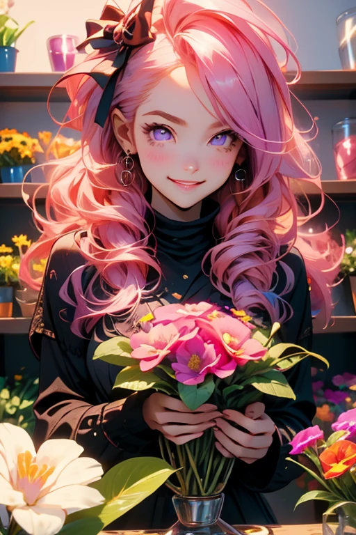 Perfect face. Perfect hands. A pink haired woman with violet eyes with an hourglass figure in a floral dress is smiling while selecting flowers in a floral shop