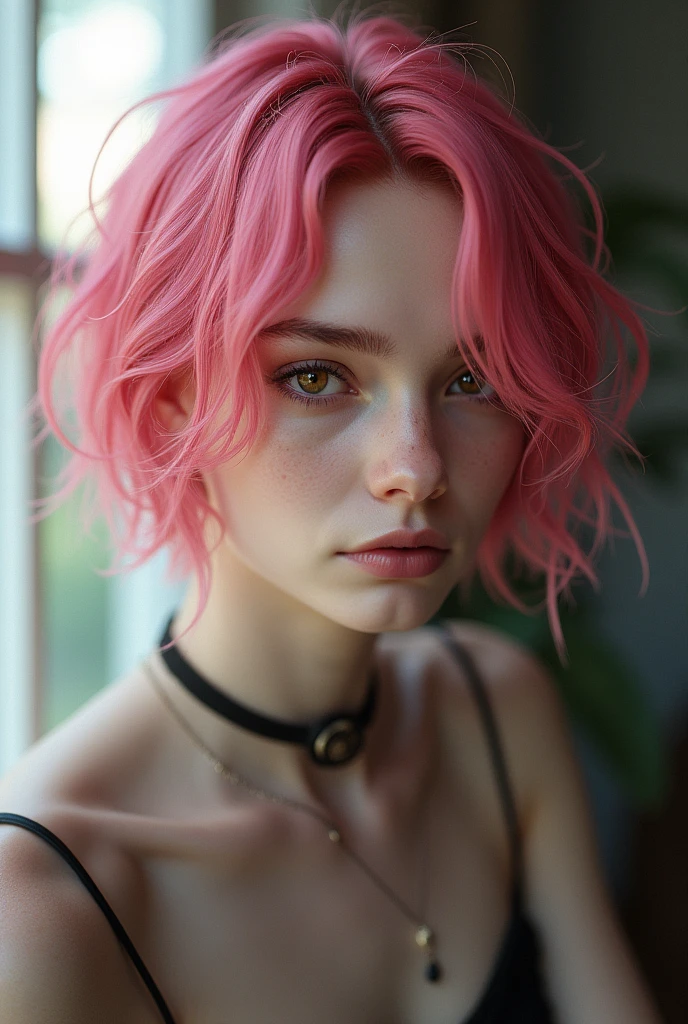 male, pale skin, pink emo hair, dark brown eyes, button nose, attractive, slender eyes, adult man, no facial hair, realistic