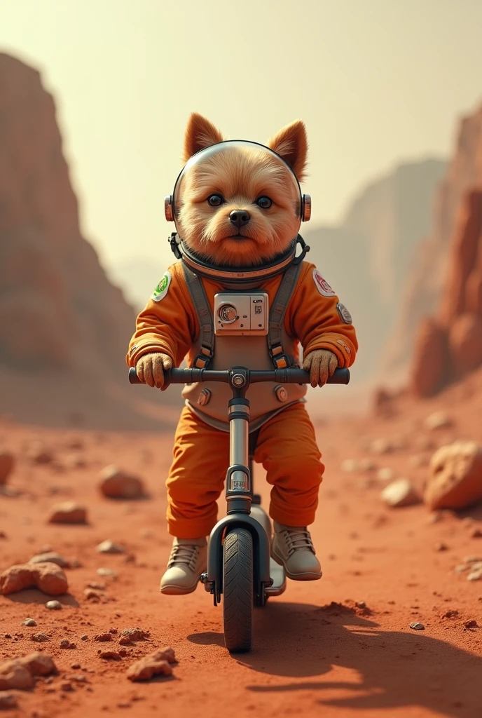 ultra realistic photo with real elements, astronaut dog invading mars on a scooter wearing orange pants
