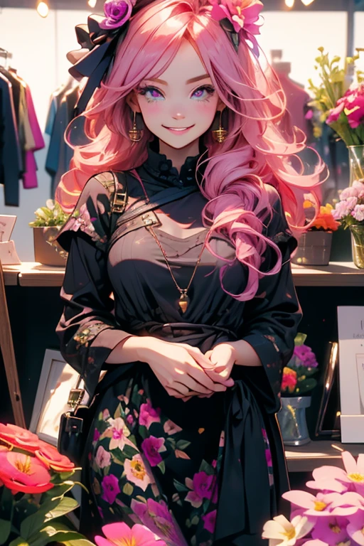 Perfect face. Perfect hands. A pink haired woman with violet eyes with an hourglass figure in a floral dress is smiling while selecting flowers in a floral shop