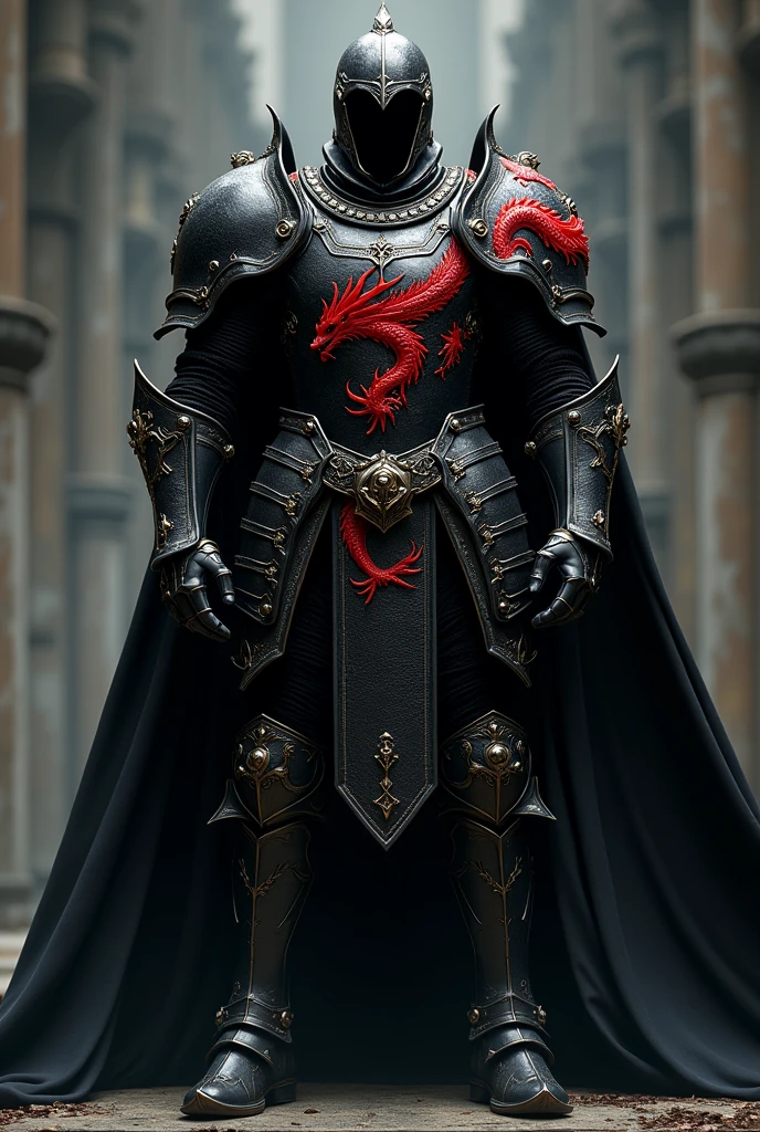 Muscular knight in black gothic armor and cape with a red Japanese dragon pattern