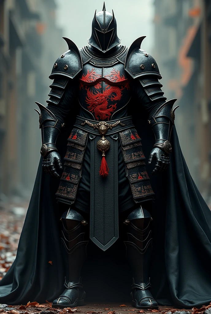 Muscular knight in black gothic armor and cape with a red Japanese dragon pattern