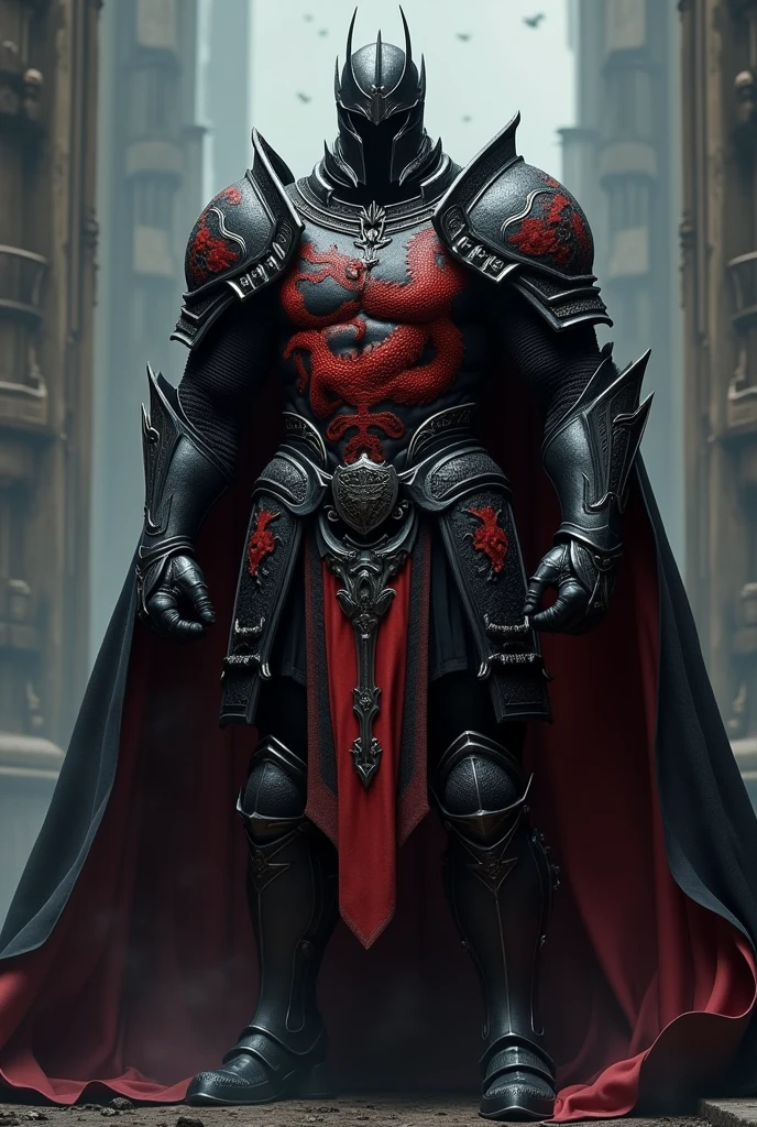 Muscular knight in black gothic armor and cape with a red Japanese dragon pattern