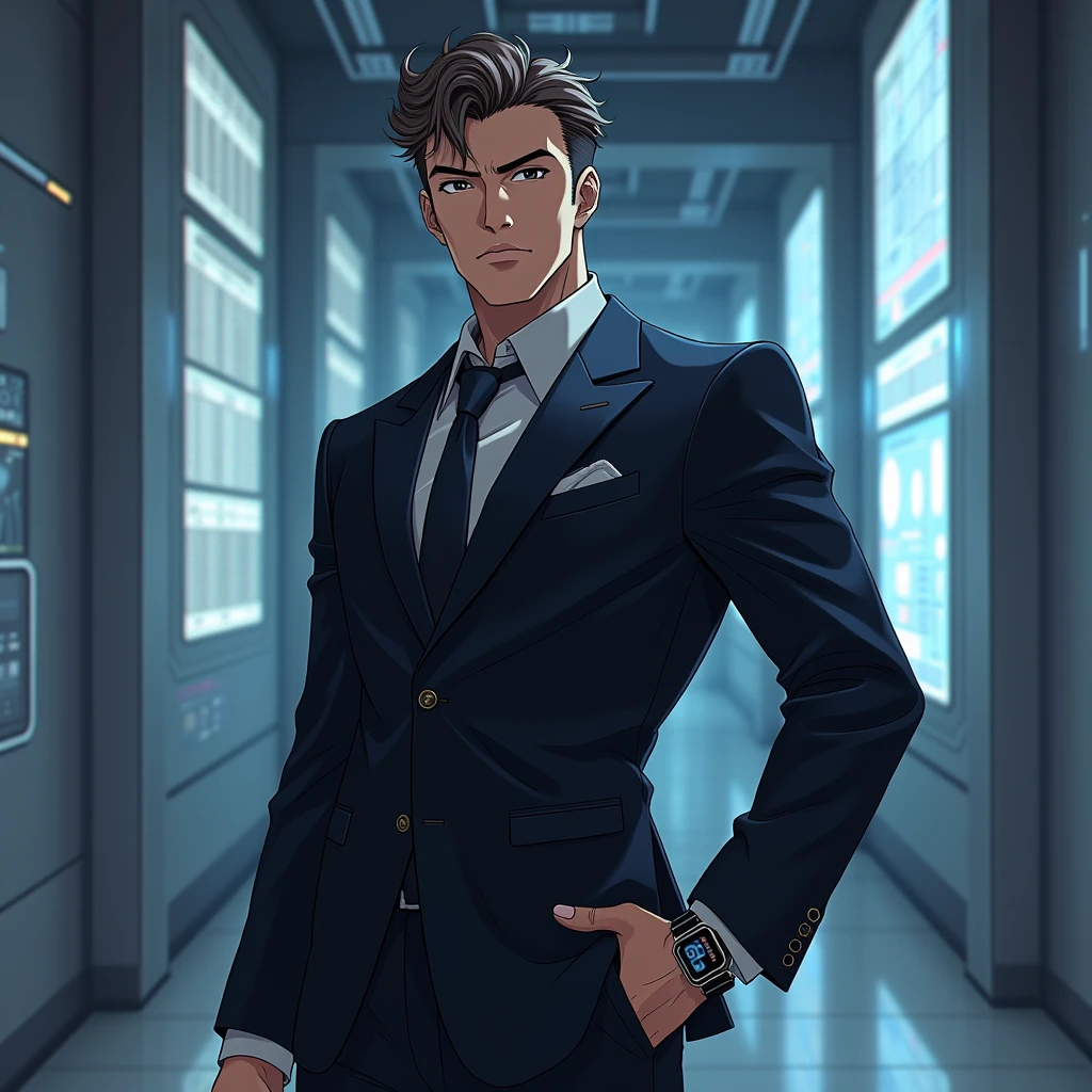 "Handsome mature anime male character with an authoritative presence, dressed in a perfectly fitted dark suit with subtle metallic accents. He should have a well-defined jawline, sharp eyes, and short, stylish hair. His attire should include a sleek, high-tech wrist device or smartwatch. The background should be a sophisticated, tech-inspired scene with soft glowing elements and abstract digital patterns."
