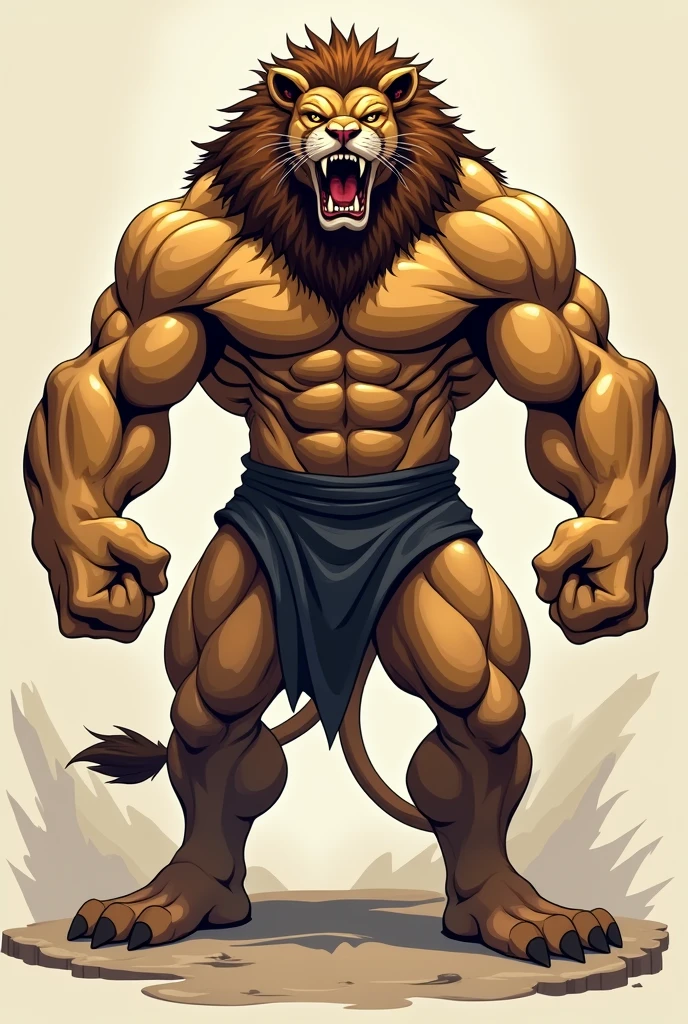 An artwork in vector style depicting a lion with the body of an extremely muscular man. The lion-man is in a dynamic pose, roaring fiercely while forcefully flexing only one arm to showcase his powerful bicep. His other arm is relaxed, adding contrast to the tension in the flexed arm. His face is filled with rage, with his sharp teeth bared and his mane flowing wildly around his head. The clean lines and bold shapes typical of vector art emphasize the defined muscles and the intense expression on the lion’s face, capturing a moment of raw power and aggression