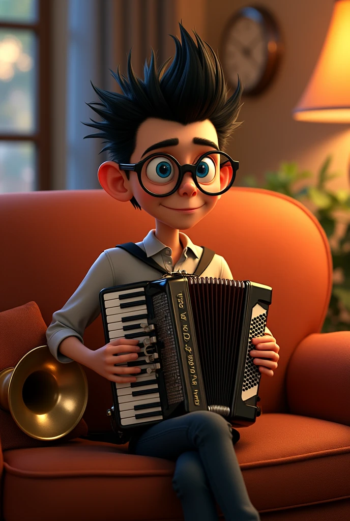  skinny white, Pixar-style, with glasses, straight black spiky hair, blue eye, playing the accordion while sitting, on a couch with a trombone next to it 