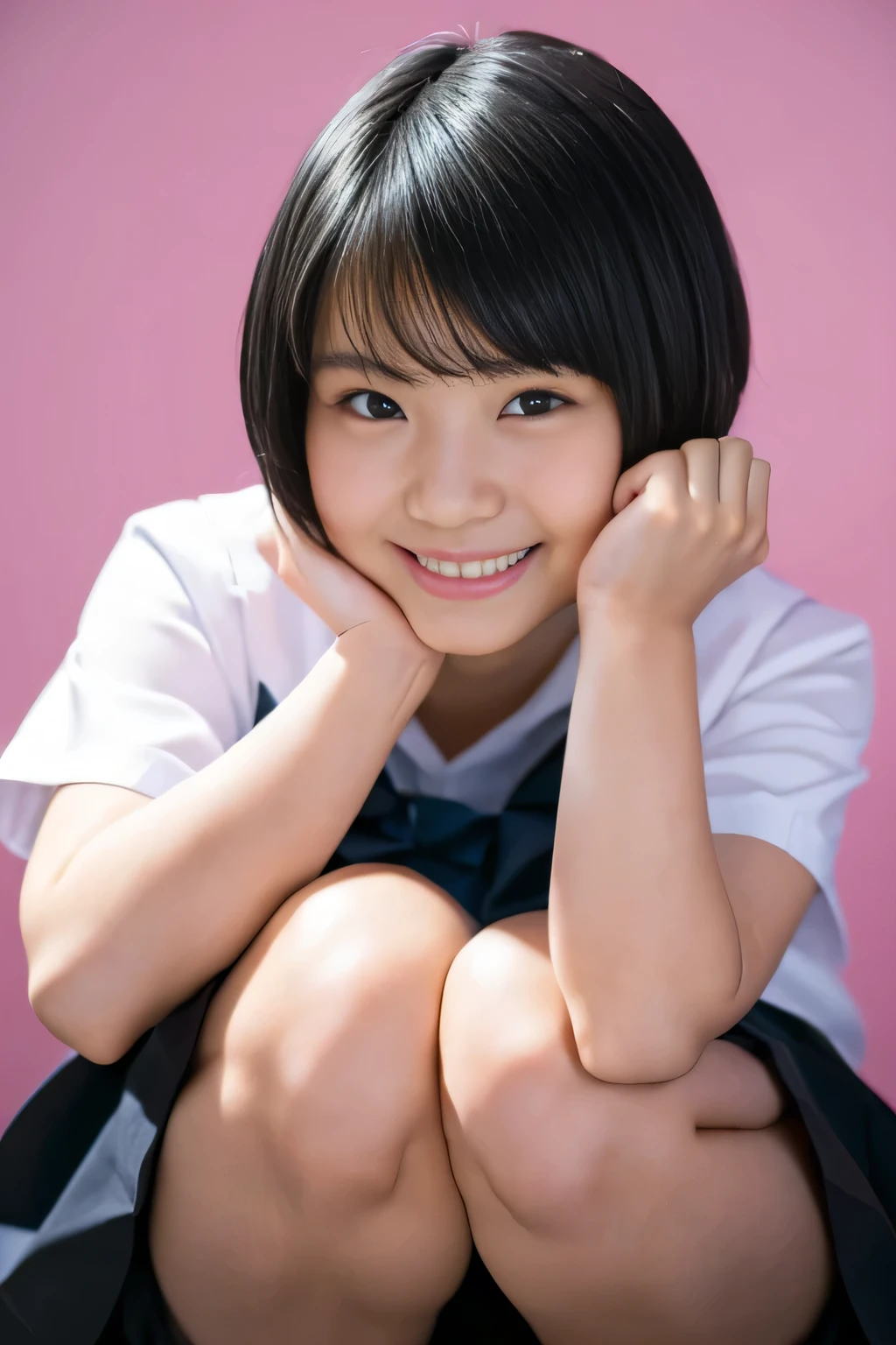 (8k、Raw photography、Highest quality、masterpiece:1.2),(Black-haired、short hair:1.8),(:1.4)、View your viewers,Front view,White skin,(school uniform:1.6)、(Tight waist:1.6)、(Clothes that accentuate the shape of the breasts:1.0)、(Big Breasts :1.4)、Slim figure、Ultra-high resolution,beautiful,beautiful fece,(One person、No background:1.9),whole bodyボディー,Japanese women,(reality的:1.37)、Photon Mapping,reality、(Baby-faced and cute: 1.4)、(Cute Smile: 1.8)、(Round face: 1.8)、Radio City、Physically Based Rendering、Depth of field rally background、photograph, (I can see your knees、Thigh close-up:1.8),(:1.6),whole body、Great quality