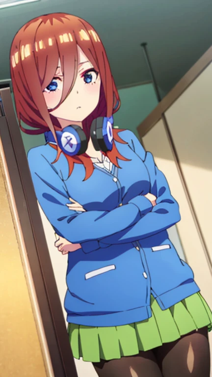 score_9, score_8_up, score_7_up, source_anime, mikunakano, miku nakano, long hair, bangs, blue eyes, brown hair, shirt, hair between eyes, headphones, cardigan, headphones around neck, skirt, shirt, long sleeves, white shirt, pantyhose, pleated skirt, black pantyhose, cardigan, green skirt, blue cardigan, indoors, classroom, looking at viewer, cowboy shot, dutch angle,