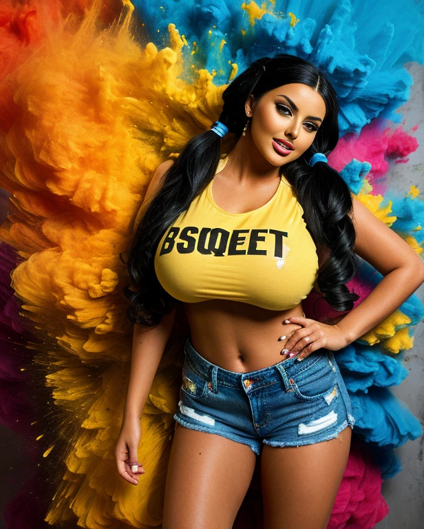 ((AbigailRatchford, blackquality hair, Breasts huge, t - shirt molhada, bigfaketits, ripped denim shorts)),master part,best quality,intrikate,aesthetic,face detailed,Subsurface scattering,Looking at Viewer,
1girl,photo of a beautiful full body, drlight smile, enchanting, 20 year,cabelo twintails crew cut,fullcolor, paint splatter, Weaving, cloth,
bigfaketits, t - shirt, ripped denim shorts, t - shirt 