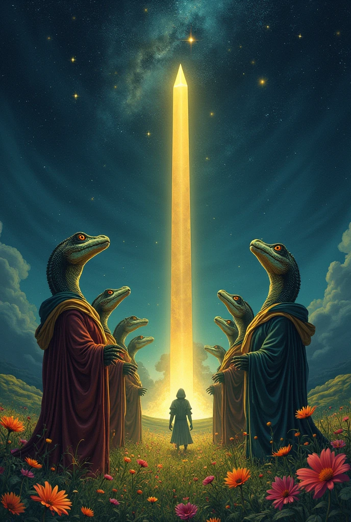 Tribe of reptilians dressed in robes, look at the starry sky with their hands up. They are in a flowery field, and in the center there is an obelisk that throws a beam of yellow light into the sky
