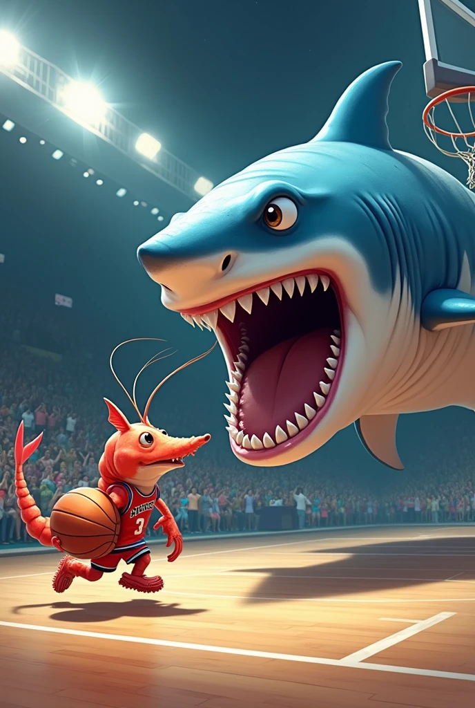 A shrimp dunking in a basketball game against a 3-headed shark