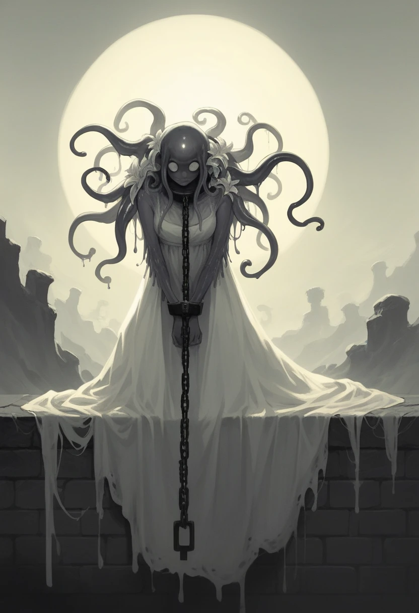 a sacrificial virgin woman, distressed expression, flower body decorations, beautiful detailed face and eyes, long eyelashes, airy sheer white dress, chained ankles, on a sacrificial nook on a cliffside, an eldritch beast with a slime blob body and many mouths approaching, dramatic lighting, dark moody atmosphere, cinematic composition, fantasy, dark fantasy art, muted color palette, chiaroscuro lighting, photorealistic, highly detailed, masterpiece