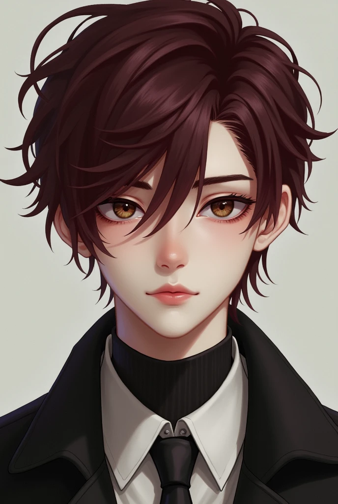 male, pale skin, burgundy emo hair, dark brown eyes, button nose, attractive, slender eyes, adult man, no facial hair, realistic