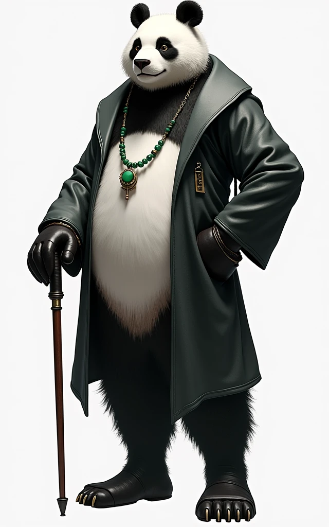 (masterpiece, top quality, best quality, official art,beautiful and aesthetic:1.2),(4k,8k, best quality,masterpiece:1.2),(((white background))), solo,Game character, the panda person, a game character inspired by pandas, wearing a black and white robe, adorned with a jade bead necklace and bracelet, viewed from multiple angles including back view and side view, holding a cane. The structure is clear and accurate, with a modern realistic representation and consistent lighting that looks natural and believable.
