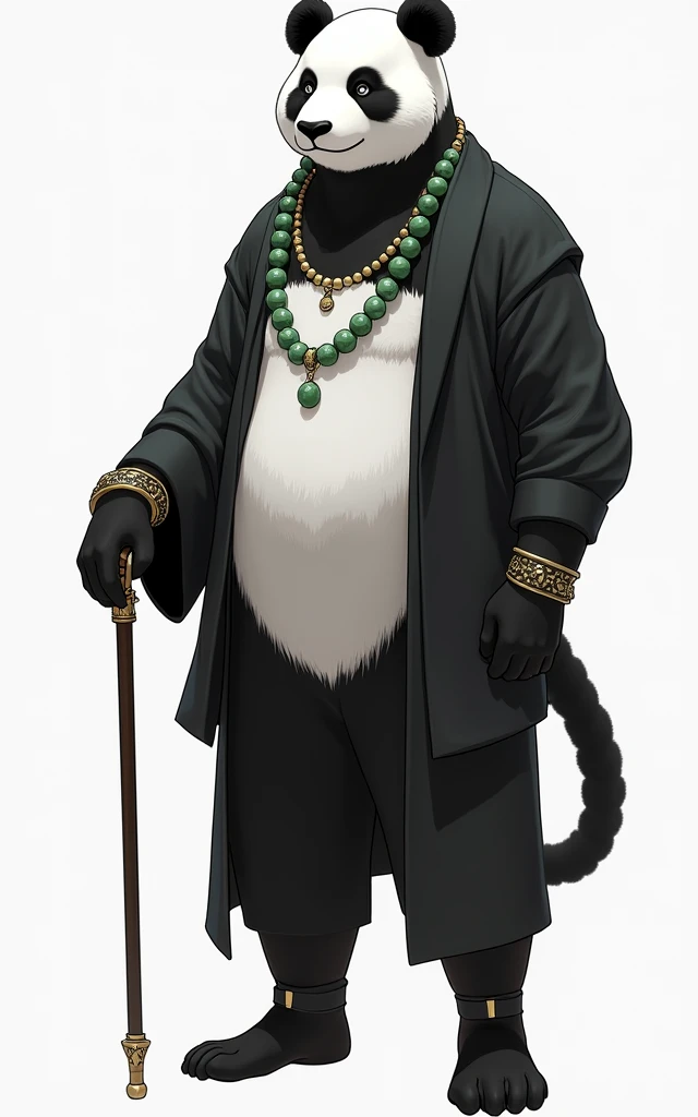 (masterpiece, top quality, best quality, official art,beautiful and aesthetic:1.2),(4k,8k, best quality,masterpiece:1.2),(((white background))), solo,Game character, the panda person, a game character inspired by pandas, wearing a black and white robe, adorned with a jade bead necklace and bracelet, viewed from multiple angles including back view and side view, holding a cane. The structure is clear and accurate, with a modern realistic representation and consistent lighting that looks natural and believable.