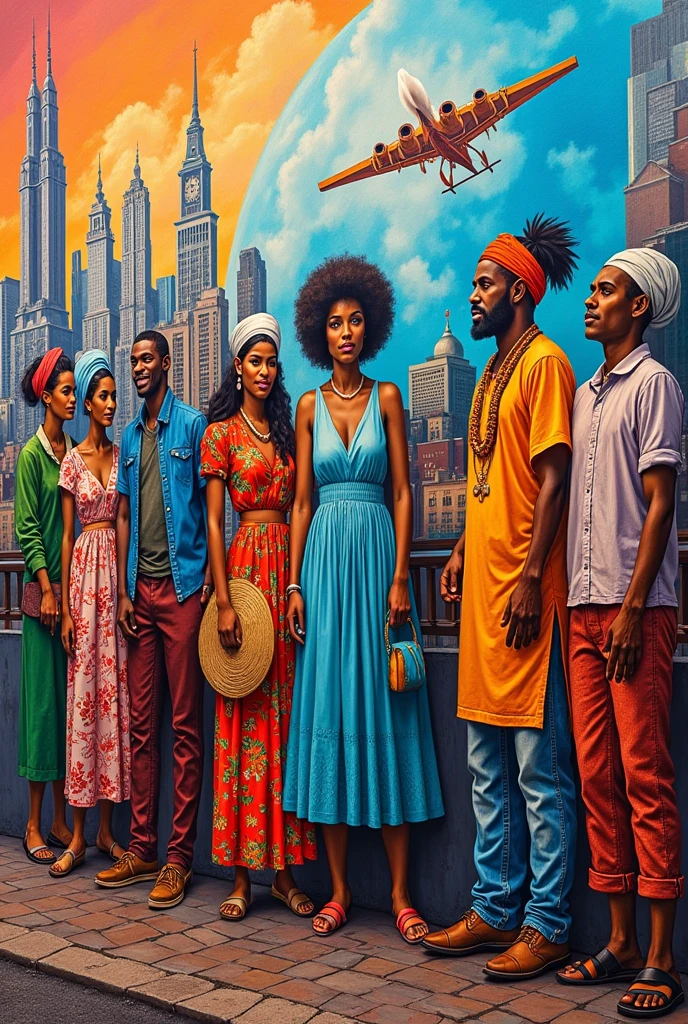 Give me street art: Street art murals depicting different cultures and cities around the world (like New York, such, Mexico City, etc.) to highlight the diversity of flavors. On a wall or mural with images of these
