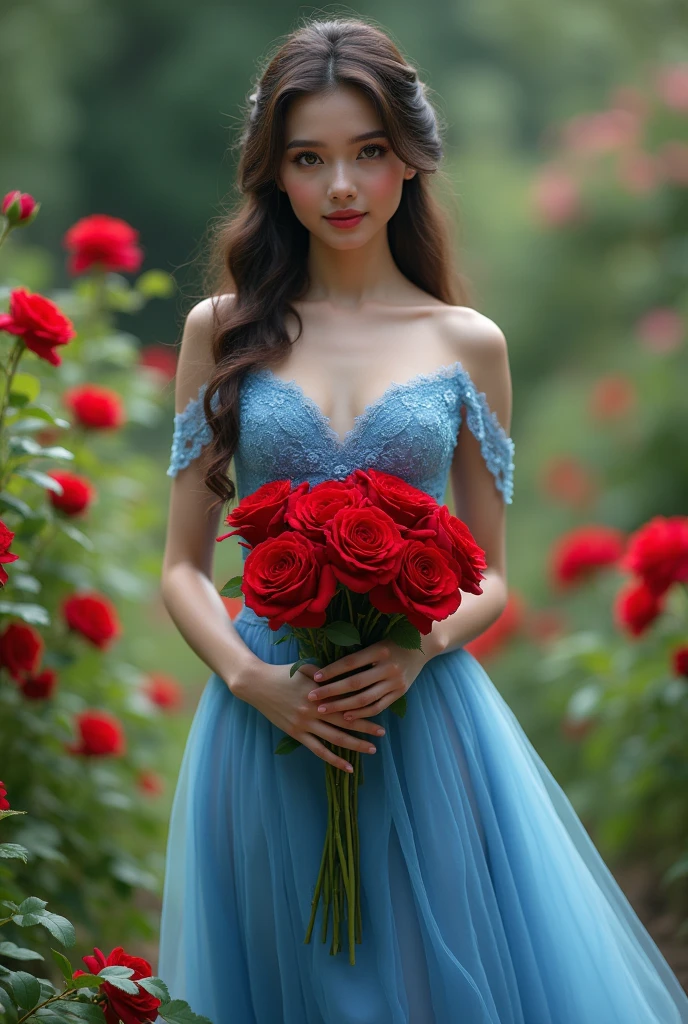 Generates a girl in a blue evening dress with a bouquet of red roses