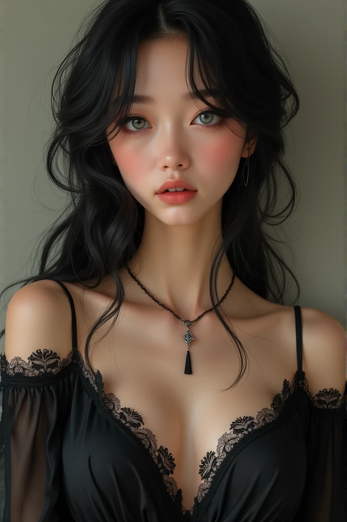 Young woman with feminine features and serene expression, He has black hair, slightly wavy and loose cascading down, with some strands falling around her face. His skin is clear, with subtle freckles on her cheeks and her grey eyes, thick lips .She wears a black dress, lace and V-neck, which gives it an elegant touch that highlights her large bust. She wears a thin necklace*drawing*
