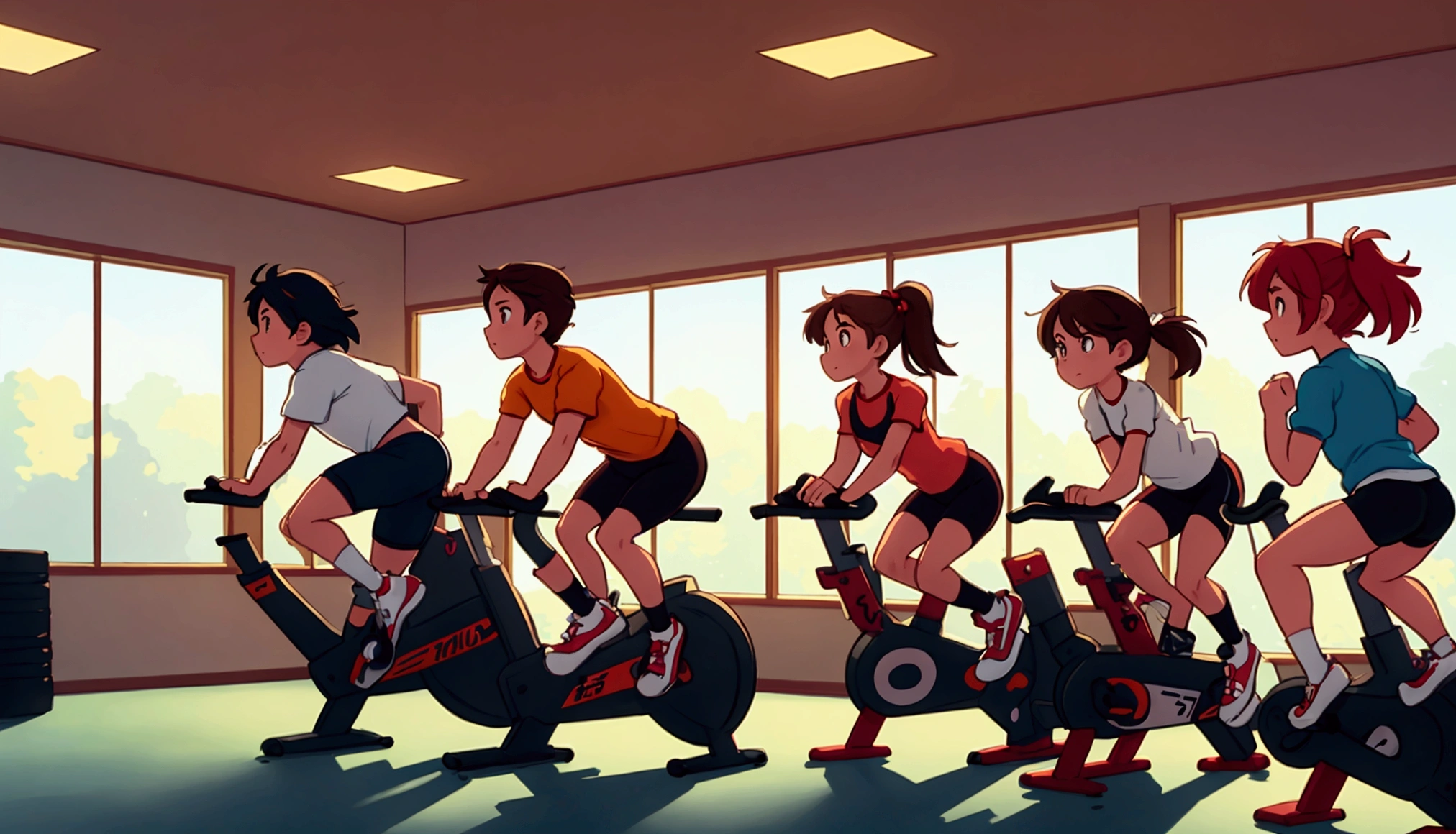 Cartoon Style,background a gym, hedonic treadmill, healthy, Plenty of light, Natural soft lighting,there are many people on exercise bikes in a 健身房,