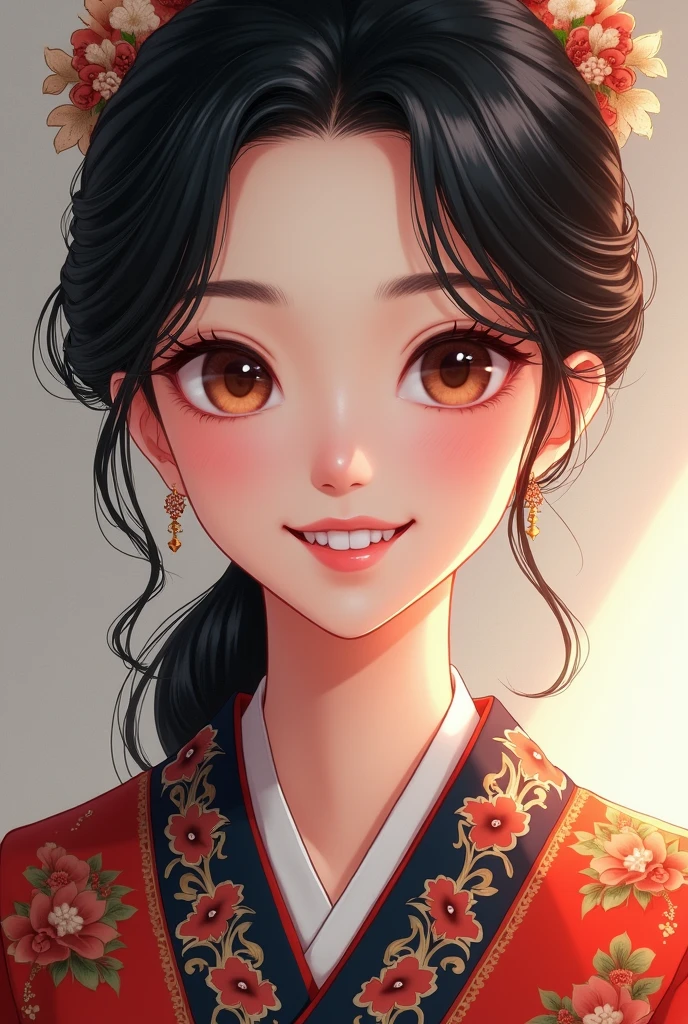 A beautiful Tibetan woman wearing a traditional Japanese dress and showing her white teeth、Beautiful illustrations created by SeaArt、Beautiful digital artwork, Beautiful digital illustrations, Beautiful digital painting, Smooth anime CG art,Amazing digital illustrations, Detailed digital anime art, Beautiful anime portraits