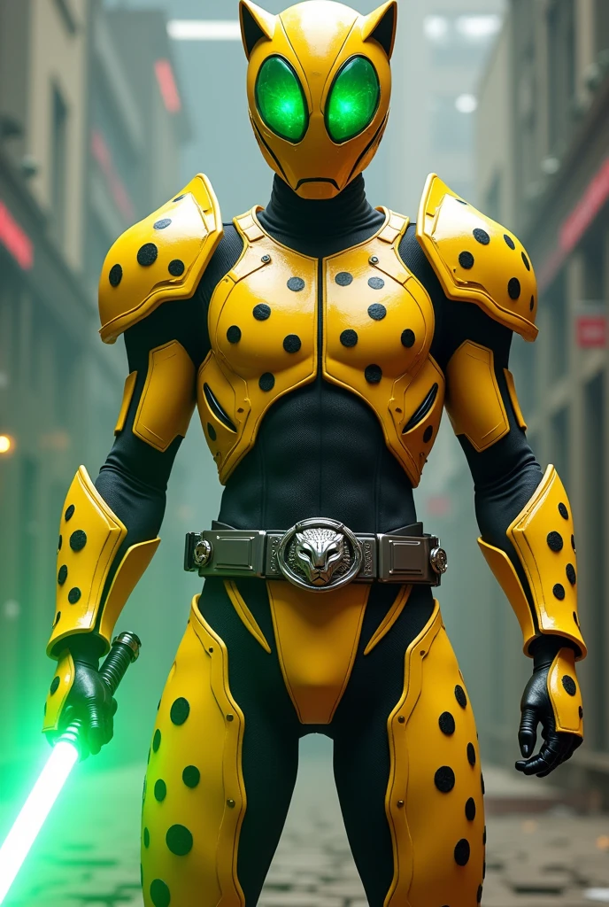 Kamen Rider in yellow armor with a cheetah motif with green eyes, black spots, Luke's green lightsaber from Star Wars Episode 6 & a transformation belt with a cheetah head buckle.