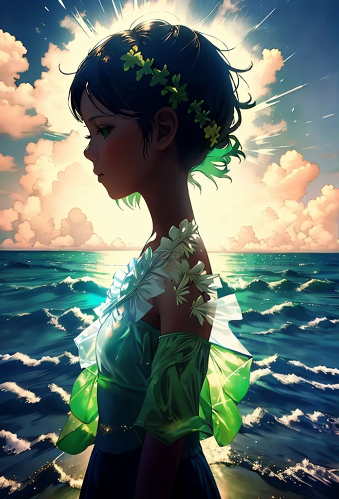 (double exposure), Transparent silhouette of a praying girl, look at the viewer, Beach and nature background exposed through the silhouette of a girl, Bright Themes, masterpiece, best quality, A refreshing shade of green, Fresh, clear sky, white cloud, vivid silhouette, Vivid three-dimensional texture, double exposure,