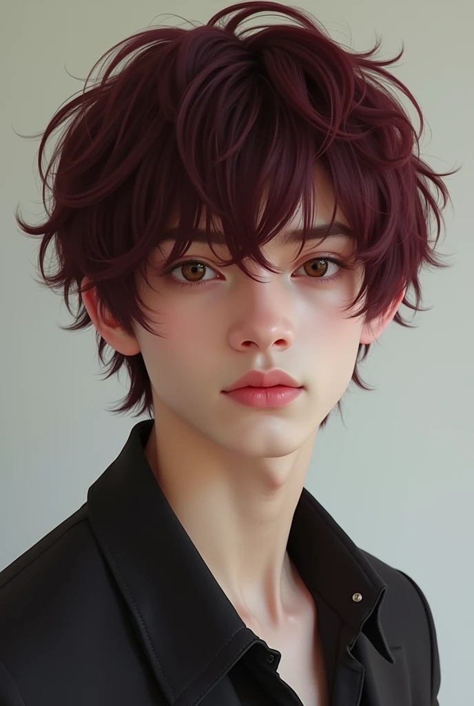 male, pale skin, burgundy emo hair, dark brown eyes, button nose, attractive, slender eyes, adult man, no facial hair, realistic