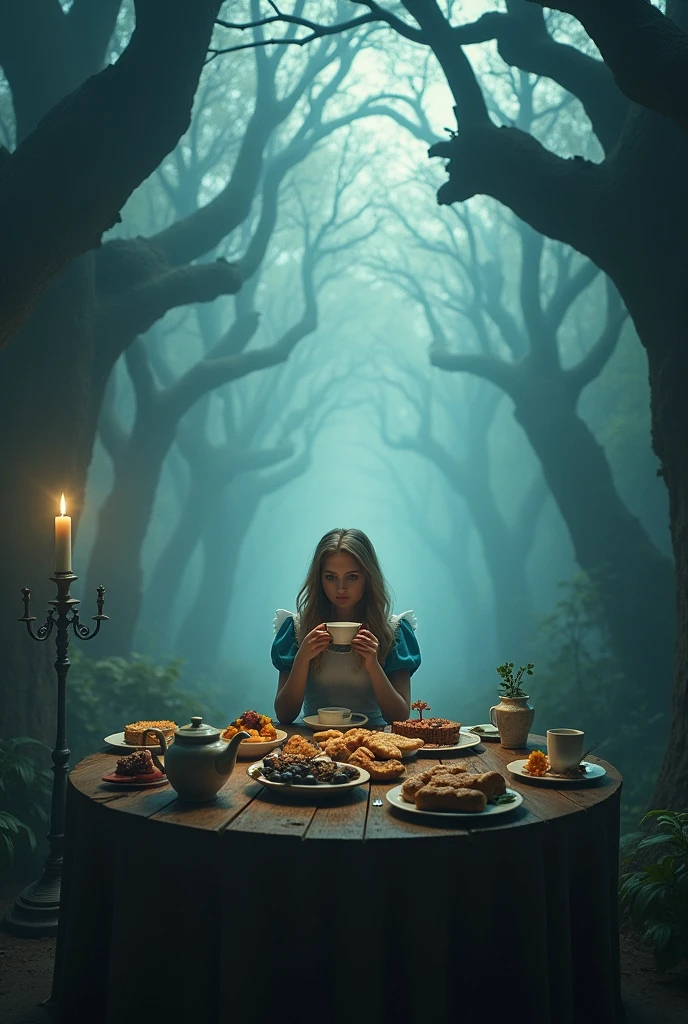 Alice in Wonderland sitting drinking tea at the table with lots of food in panoramic view that are only shadows 

