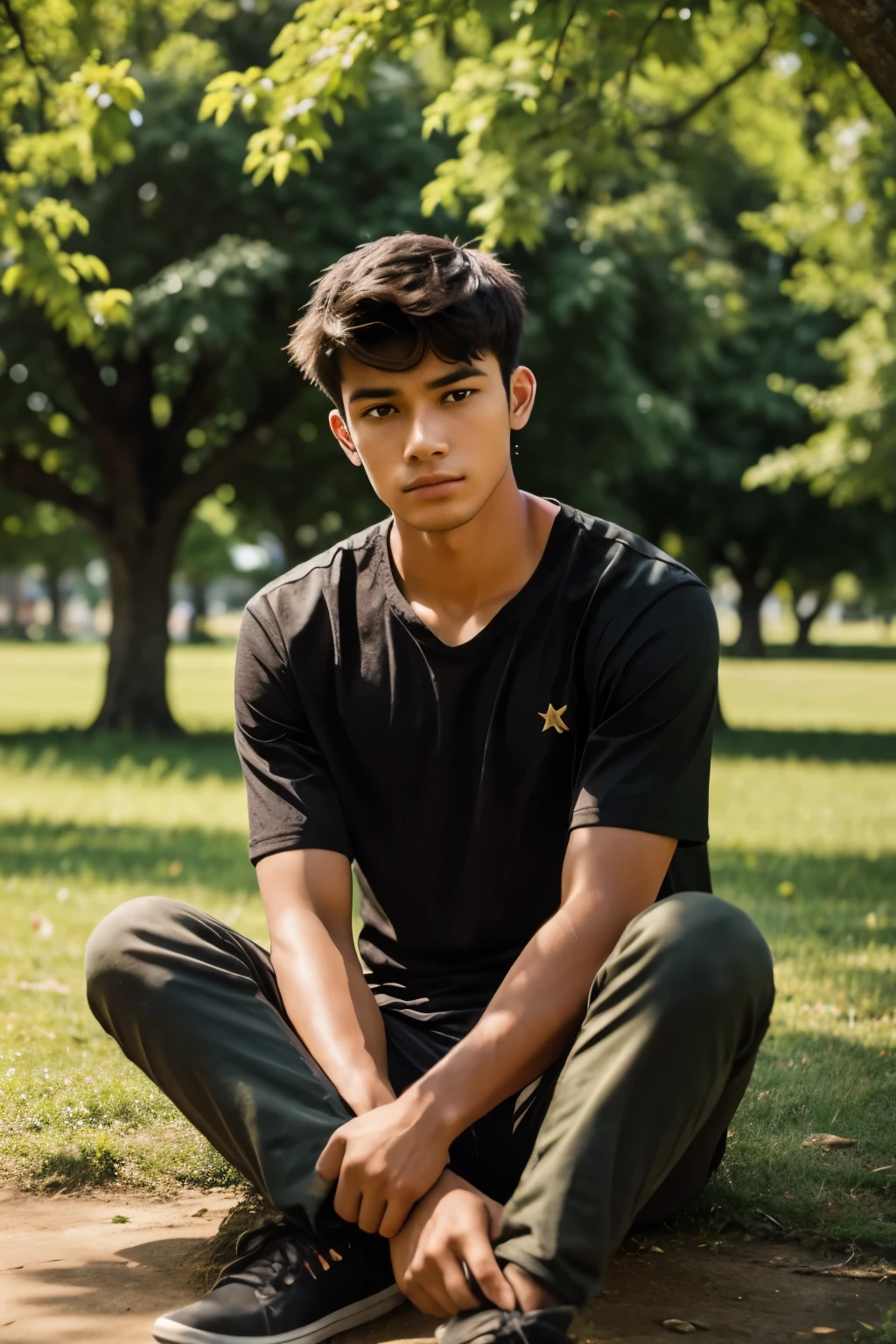 A young man is sitting sad under a tree in village