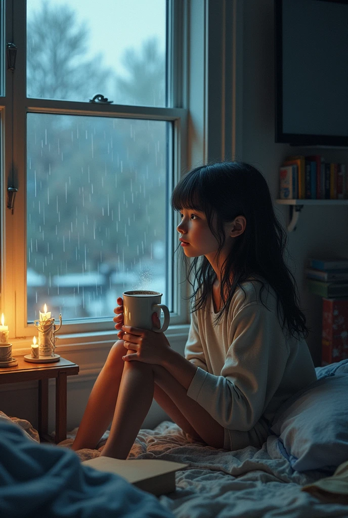 Girl in a room, watching the rain, with a messy bed with books two meters away from you, drinking hot chocolate, There is a big television