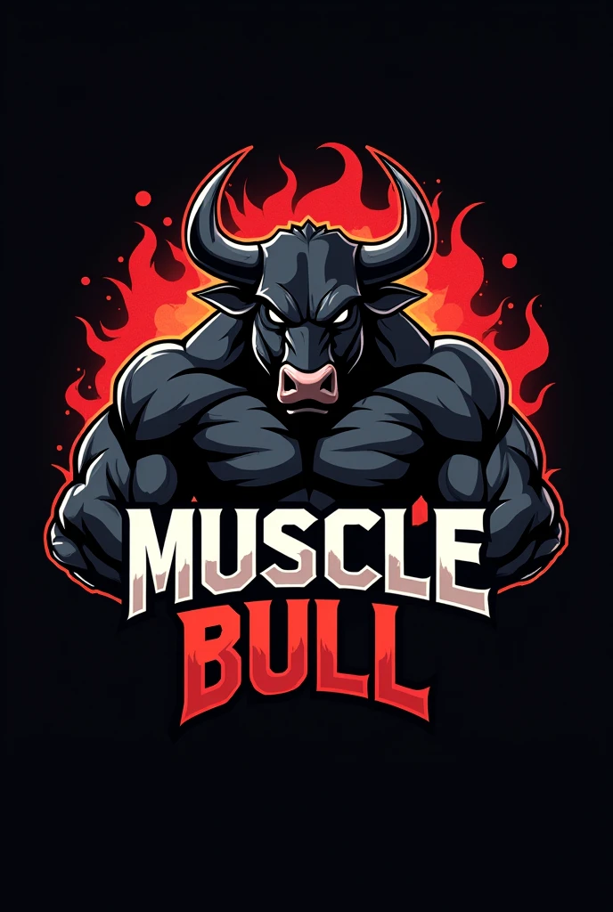 Design a powerful and dynamic logo for a brand called 'Muscle Bull.' The logo should feature a strong, muscular bull as the central figure, symbolizing strength, power, and determination. The bull should have well-defined muscles, with a stance that conveys energy and dominance. Incorporate sharp, angular lines to emphasize the bull's muscular build and add a sense of intensity. The color scheme should include bold, dark tones like black, deep red, or metallic gray to create a fierce and commanding presence. The text 'Muscle Bull' should be integrated into the design, using a bold, modern font that complements the aggressive and energetic vibe of the logo