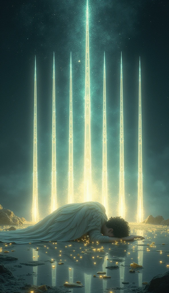 Create a hyper-realistic, emotionally intense image for the "Ten of Lights" card in the Lumen Angelis deck, drawing inspiration from the traditional Ten of Swords card in the Rider-Waite tarot. The scene should evoke a profound sense of finality, despair, and the inevitable transition from one phase to another, elevated to a celestial, otherworldly setting that resonates with the theme of the deck.
At the center of the image is a fallen angel, lying face down on an ethereal, luminous ground that seems to float in an endless, dark void. The angel's once-glorious wings are now tattered and dimmed, their feathers scattered around them like fallen leaves, symbolizing the loss of divine power and the weight of overwhelming burdens. The angel's body is twisted in a pose of defeat, with one arm stretched out towards the viewer, fingers clawing at the glowing ground as if in a final, desperate attempt to hold on.
Piercing the angel’s back are ten radiant beams of light, resembling swords, each one shining with a cold, harsh brilliance that contrasts sharply with the soft glow of the ground. These beams are not only sources of light but also conduits of immense energy, each one carrying intricate patterns of celestial symbols and runes that pulse with a powerful, almost menacing energy. The beams are perfectly aligned, creating a symmetrical pattern that adds to the sense of inevitability and finality. The light from the beams spreads outwards, casting long, dramatic shadows that stretch into the darkness beyond.
The background is a vast, starless void, emphasizing the isolation and hopelessness of the scene. However, just beyond the beams of light, faint traces of dawn begin to break through the darkness, suggesting that even in this moment of utter despair, there is the potential for a new beginning. The ground beneath the angel is made of glowing, crystalline shards, which reflect the beams of light in a dazzling array of colors, creating a stark contrast to the angel'