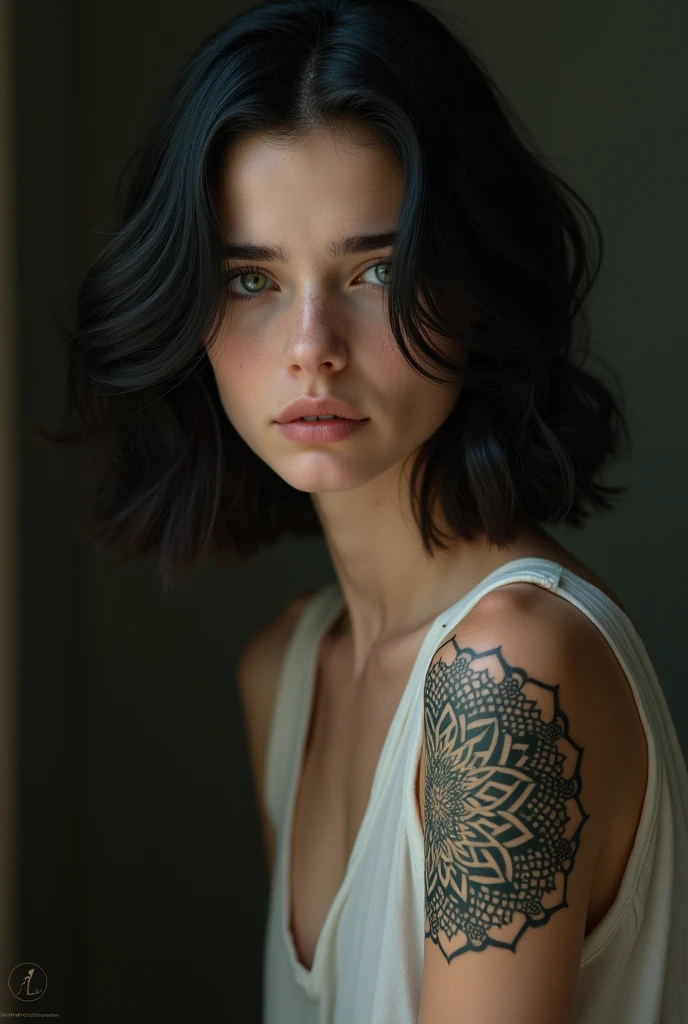 21 year old boy.
black hair, smooth and slightly long.
green eyes, torn and black medium lashes.
White skin and slightly teasing in her features.
A tattoo of lines forming a kind of mandala on his right arm. 
Dress elegantly and naturally, mostly with somewhat tight clothing.