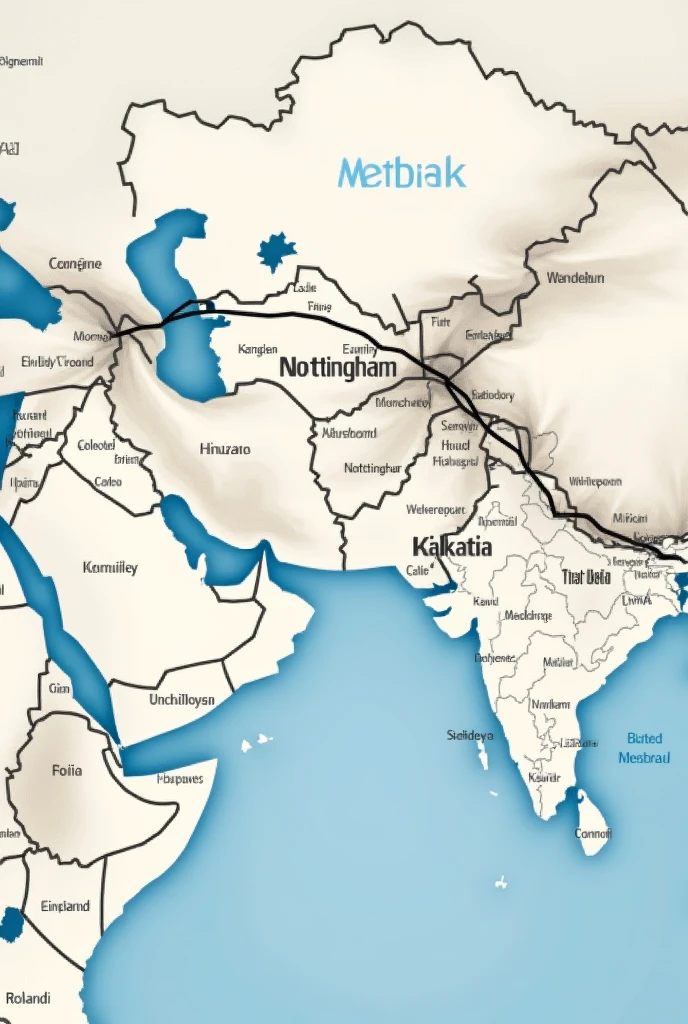 Generate the picture of a map pointing Nottingham and Kolkata and tracking the route.