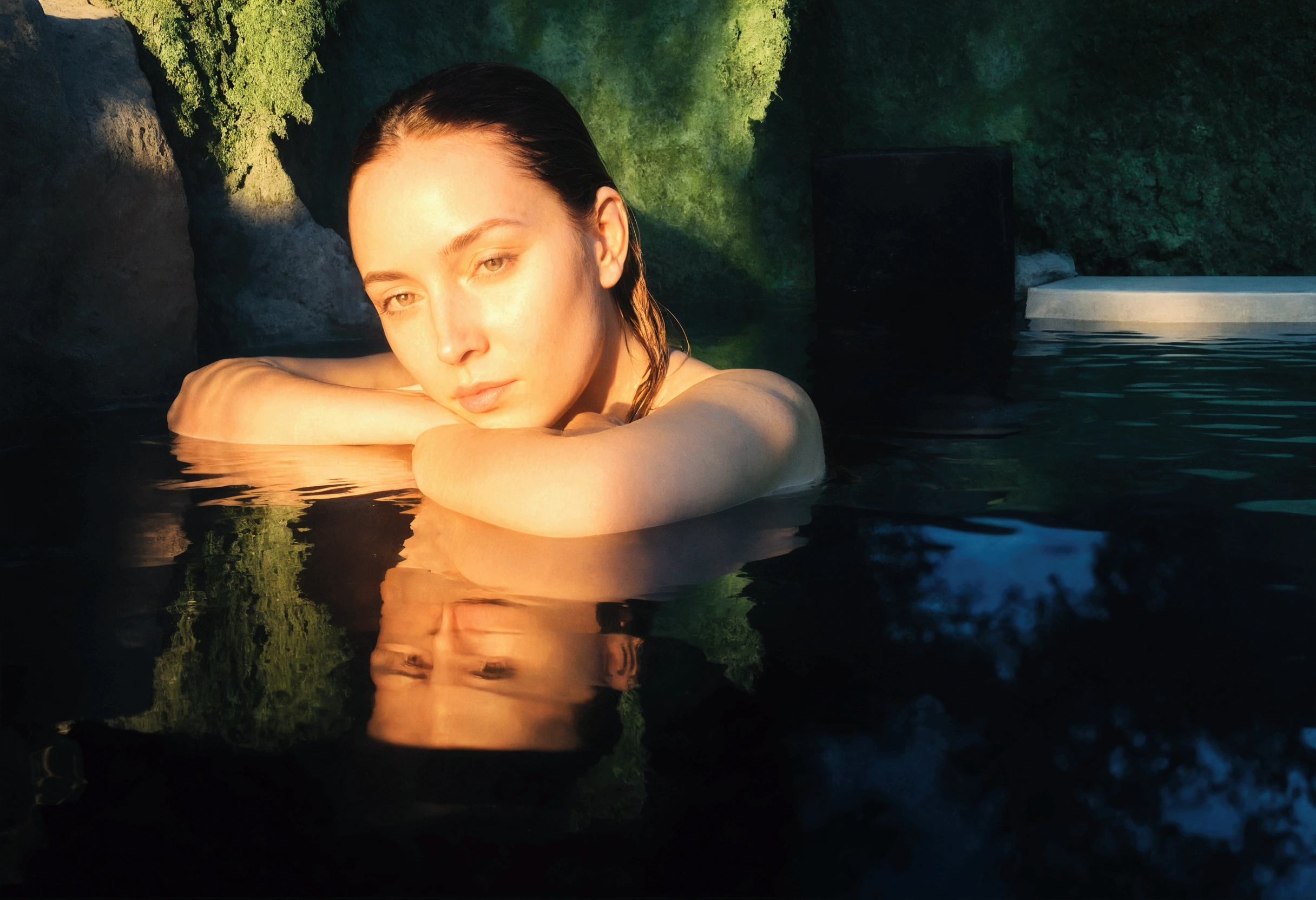 there is a woman that is sitting in the water with her arms crossed, in water up to her shoulders, in the water, in water, sitting in a reflective pool, sitting in the pool, hyperrealist portrait in a river, in a luxurious pool, in water! up to shoulders, nymph in the water, sitting on a reflective pool, in the sun