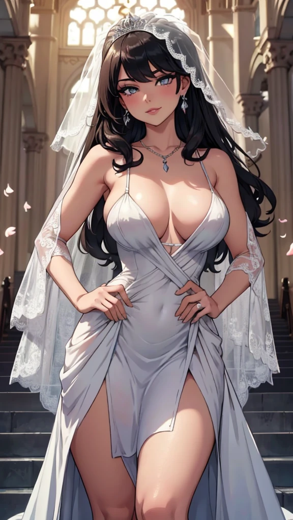 Pose: 1girl, masterpiece, highres, sonicedges_rias_gremory  standing with one leg slightly bent at the knee, hands on her waist or one hand on her hip and the other hanging loosely.
Expression: Soft, confident smile with eyes looking into the camera.
Attire: Elegant ((wedding dress, bridal veil, wedding, bouquet))that complements the glamorous setting.
Hair: Styled to cascade over one shoulder, with light waves.
Makeup: Subtle yet elegant, with emphasis on the eyes and lips.
Background: A softly blurred wedding church.
Lighting: Warm, soft lighting that highlights the woman's features and adds a glow to her skin.
Accessories: Minimal, such as a pair of delicate earrings or a simple necklace.
Mood: Elegant, confident, and slightly mysterious.