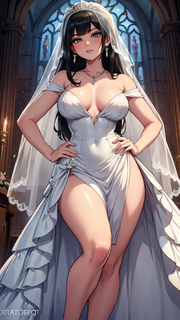 Pose: 1girl, masterpiece, highres, sonicedges_rias_gremory standing with one leg slightly bent at the knee, hands on her waist or one hand on her hip and the other hanging loosely.
Expression: Soft, confident smile with eyes looking into the camera.
Attire: Elegant ((wedding dress, bridal veil, wedding, bouquet))that complements the glamorous setting.
Hair: Styled to cascade over one shoulder, with light waves.
Makeup: Subtle yet elegant, with emphasis on the eyes and lips.
Background: A softly blurred wedding church.
Lighting: Warm, soft lighting that highlights the woman's features and adds a glow to her skin.
Accessories: Minimal, such as a pair of delicate earrings or a simple necklace.
Mood: Elegant, confident, and slightly mysterious.