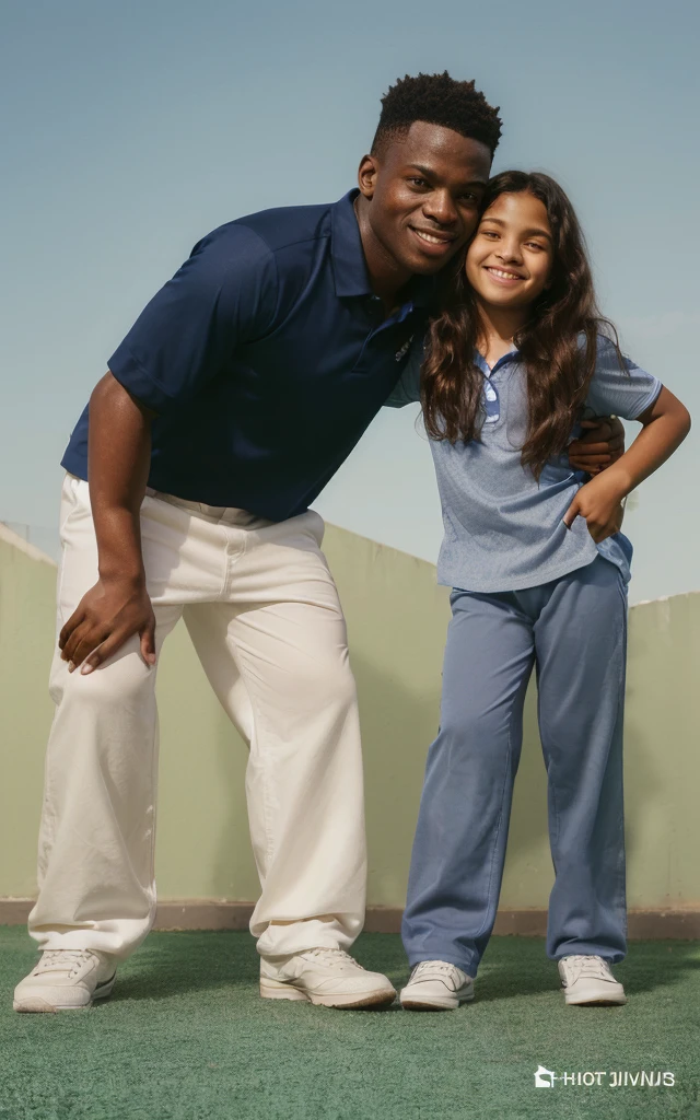 10 years with your idol Vinícius junior in a dark blue shirt, light pants, realistic photo, professional photo, high resolution photo