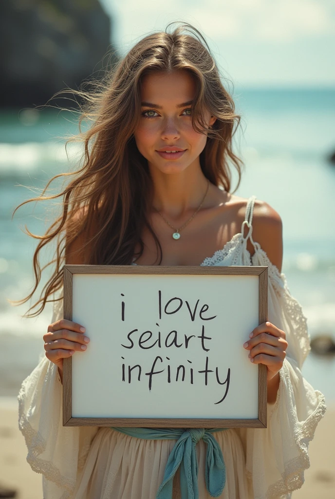 Beautiful girl with wavy long hair, bohemian dress, holding a white board with text "I Love Seaart Infinity" and showing it to the viewer