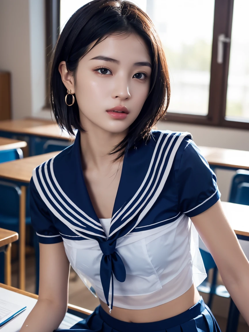 masterpiece:1.2, Very detailed, Ultra-high resolution, Realistic, photo Realistic:1.6, High-resolution RAW color photos, Professional photos, Sharp focus:1.2, Very detailed顔と肌の質感, Very beautiful eyes, Glossのある肌, Glowing Skin, Glowing Skin, Shining Face, Gloss, Oily skin, greasy face, Oily skin, greasy face,, real Glossのある肌 texture, Perfect Anatomy, Very detailed背景,(High school classroom at night),1 female,25-year-old woman, Japanese women,height: 168cm,short hair, Straight hair, bangs, Brown Hair,((Flat Chest:1.6)),Slender legs, (See-through white short-sleeved sailor suit、Navy blue pleated mini skirt:1.5、Sexy T-panties under skirt:1.6),((A wet and very transparent sailor uniform:1.6)),Earrings,(Sit on a desk)