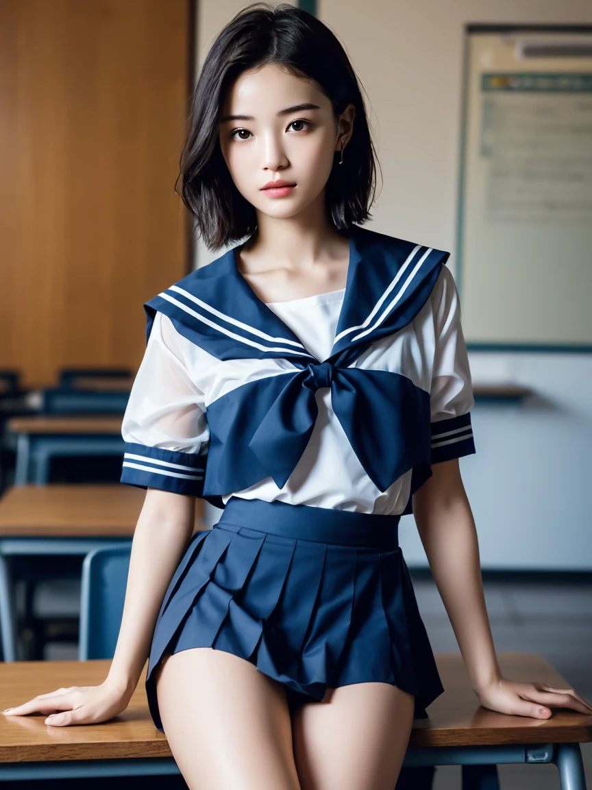 masterpiece:1.2, Very detailed, Ultra-high resolution, Realistic, photo Realistic:1.6, High-resolution RAW color photos, Professional photos, Sharp focus:1.2, Very detailed顔と肌の質感, Very beautiful eyes, Glossのある肌, Glowing Skin, Glowing Skin, Shining Face, Gloss, Oily skin, greasy face, Oily skin, greasy face,, real Glossのある肌 texture, Perfect Anatomy, Very detailed背景,(High school classroom at night),1 female,25-year-old woman, Japanese women,height: 168cm,short hair, Straight hair, bangs, Brown Hair,((Flat Chest:1.6)),Slender legs, (See-through white short-sleeved sailor suit、Navy blue pleated mini skirt:1.5、Sexy T-panties under skirt:1.6),((A wet and very transparent sailor uniform:1.6)),Earrings,(Sit on a desk)
