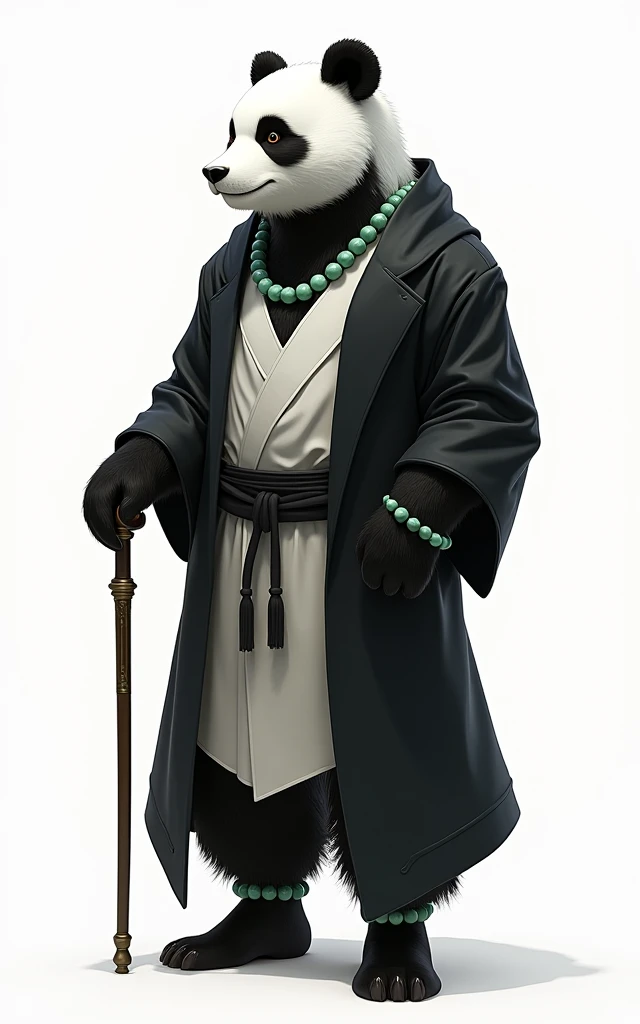 (masterpiece, top quality, best quality, official art,beautiful and aesthetic:1.2),(4k,8k, best quality,masterpiece:1.2),(((white background))), solo,Game character, the panda person, a game character inspired by pandas, wearing a black and white robe, adorned with a jade bead necklace and bracelet, viewed from multiple angles including back view and side view, holding a cane. The structure is clear and accurate, with a modern realistic representation and consistent lighting that looks natural and believable.