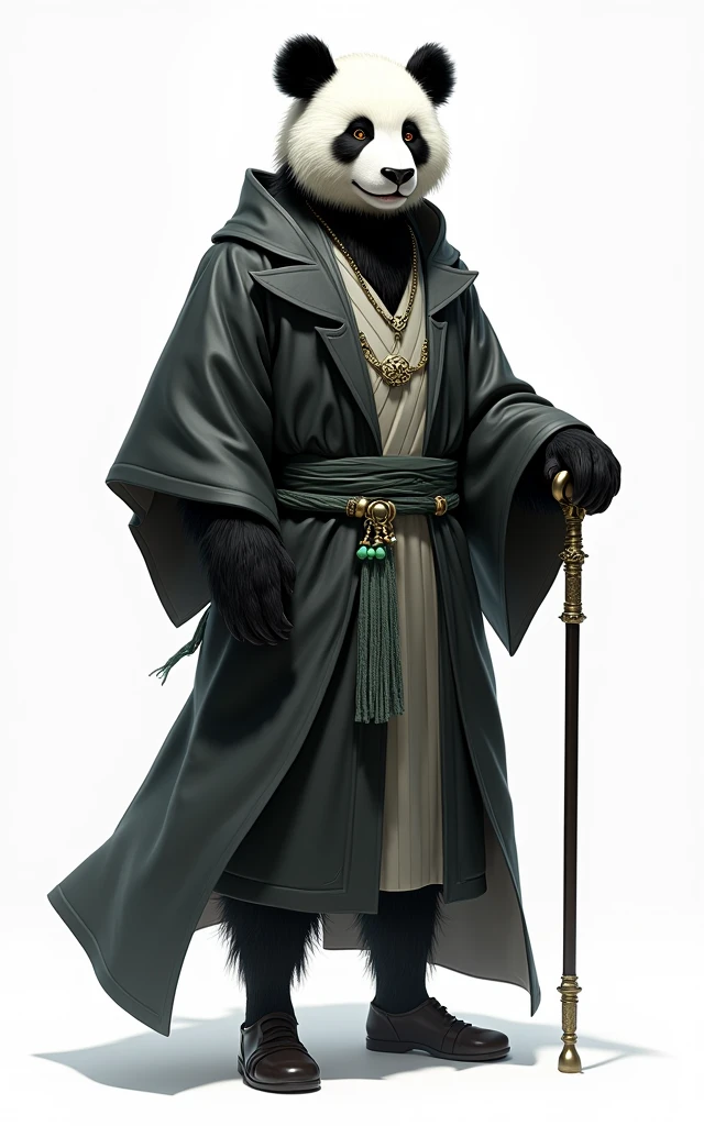 (masterpiece, top quality, best quality, official art,beautiful and aesthetic:1.2),(4k,8k, best quality,masterpiece:1.2),(((white background))), solo,Game character, the panda person, a game character inspired by pandas, wearing a black and white robe, adorned with a jade bead necklace and bracelet, viewed from multiple angles including back view and side view, holding a cane. The structure is clear and accurate, with a modern realistic representation and consistent lighting that looks natural and believable.